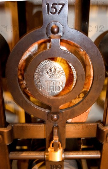 A caged private beer mug with the HB emblem of the Hofbräu brewery, in the Hofbräuhaus, Munich,