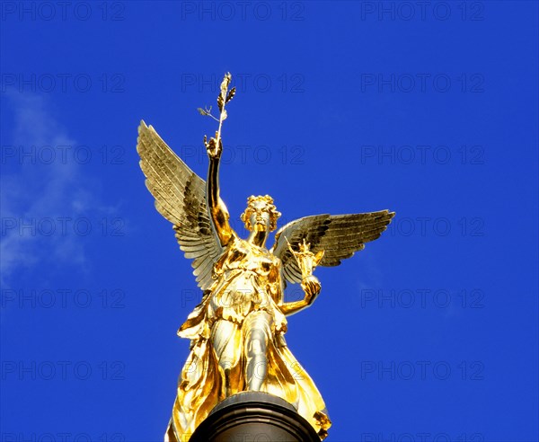 The golden Friedensengel, angel of peace, at Prinzregentenstraße, against a blue sky, Munich,