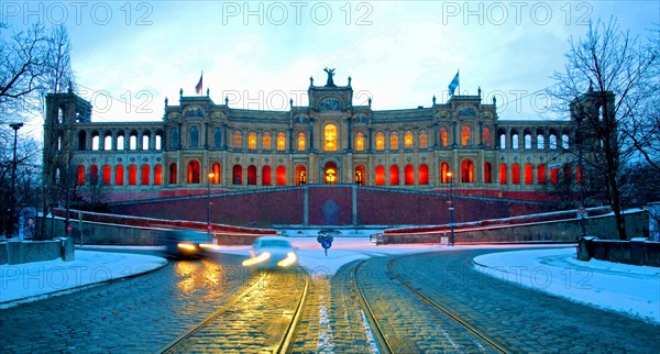 Panoramic view of the Maximilianeum, the Bavarian parliament, dusk, blue hour, Munich, Bavaria,