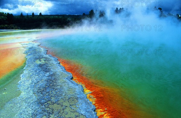 Hot spring with steaming water, red algae in a green hot lake near Rotorua, sulphur deposit, North