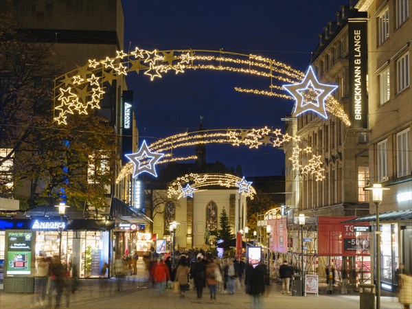 Shooting stars over the pedestrian zone, Christmas lights, Light Weeks, Blue Hour, City of Essen,