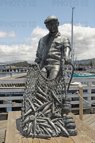 The Fisherman, sculpture, monument in the harbour, Monterey, California, USA, North America