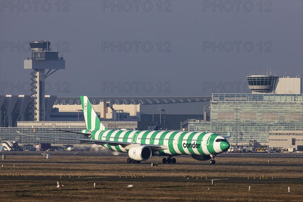 Aircraft at Frankfurt Airport, Fraport Airport with tower. D-ANRE, CONDOR, AIRBUS A330-941,