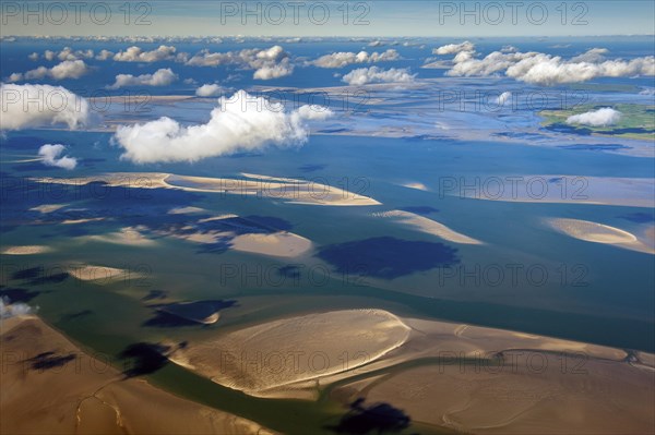 Aerial view of the Wadden Sea, sands and tidal flats between Nordstrand and Amrum,