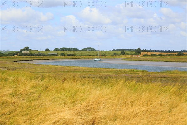 Butley Creek river landscape, Boyton, Suffolk, England, UK with moored yacht