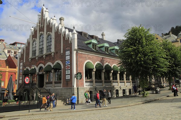 Historic former market building, Torget market square area of Vagen harbour, Bergen, Norway, Europe