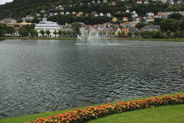 Lille Lungegardsvannet or Smalungeren, water feature fountain lake city centre of Bergen, Norway,