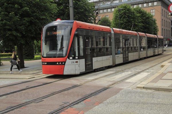 Light rail city transport system in city centre at Byparken stop, Bergen, Norway destination Laguna
