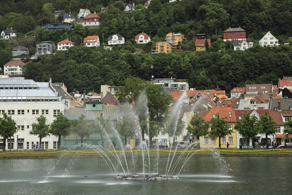 Lille Lungegardsvannet or Smalungeren, water feature fountain lake city centre of Bergen, Norway,