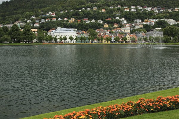 Lille Lungegardsvannet or Smalungeren, water feature fountain lake city centre of Bergen, Norway,