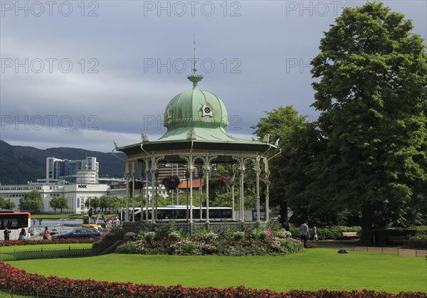 Bandstand park and buildings city centre Bergen, Norway, Europe