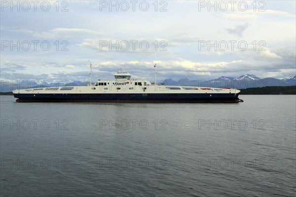 Liquid natural gas-powered RoRo ferry Romsdalsfjord ship operator Fjord1, crossing Moldefjord,