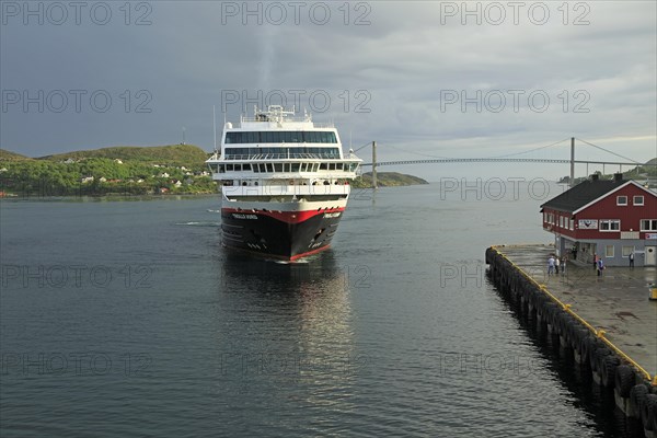 Hurtigruten ship 'Trollfjord' arriving at port of Rorvik, Norway, Europe