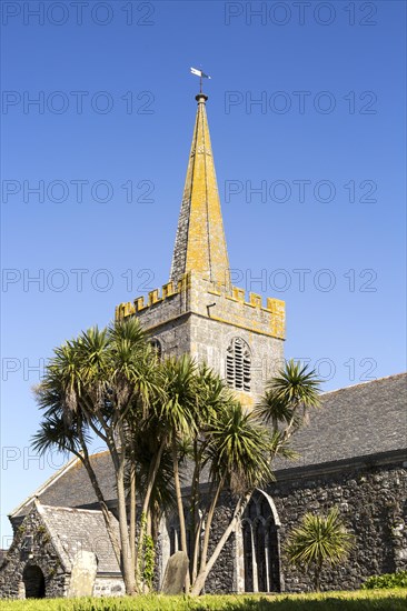 Spire of village parish church at St Keverne, Lizard Peninsula, Cornwall, England, UK