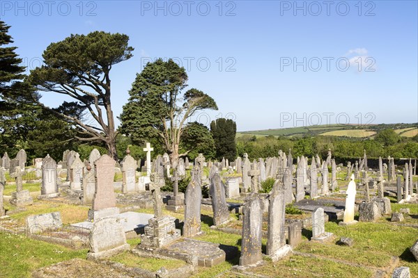 Gravestones in churchyard parish church at St Keverne, Lizard Peninsula, Cornwall, England, UK