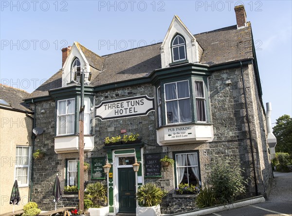 Three Tuns hotel traditional village pub building, St Keverne, Lizard Peninsula, Cornwall, England,