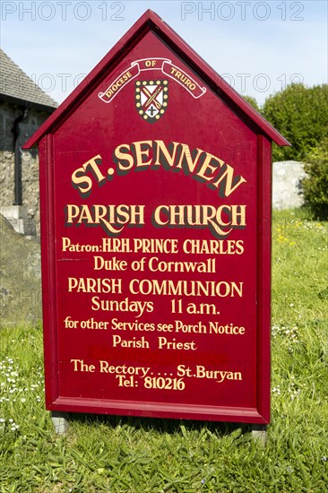 St Sennen parish church sign, Land's End, Cornwall, England, UK