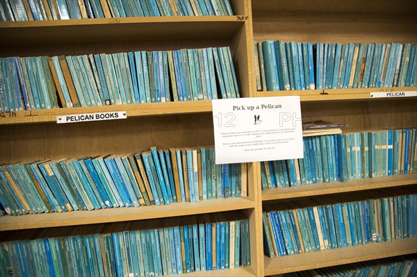 Blue Pelican secondhand books on bookshelves in huge Bookbarn International shop, Hallatrow, near
