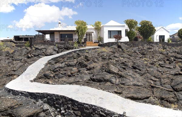 Garden path crossing solidified pahoehoe or ropey lava field, Tahiche, Lanzarote, Canary Islands,