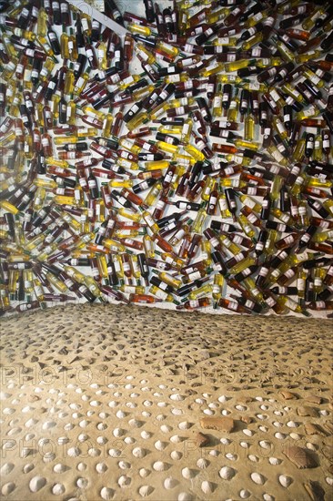 Bottles of wine forming a display in Bodegas Rubicón, La Geria, Lanzarote, Canary Islands, Spain,