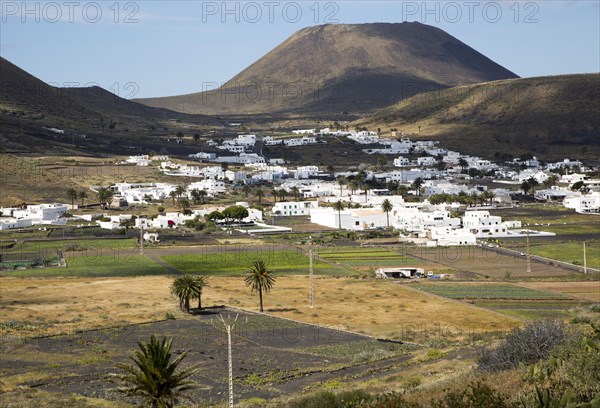 View over cactus plants and whitewashed houses to Monte Corona volcano cone, village of Maguez,