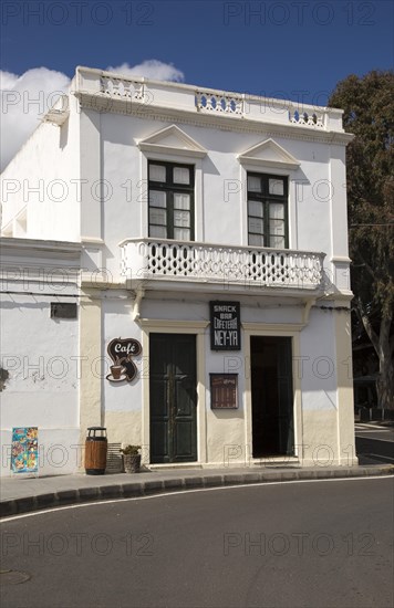 Historic whitewashed cafe building in Haria, Lanzarote, Canary Islands, Spain, Europe