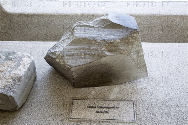 Magma ash rock sample geology display, Casa de los Volcanes volcanic study centre, Lanzarote,