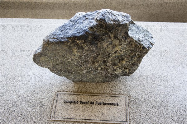 Complex basal rock sample from Fuerteventura, geology display Casa de los Volcanes volcanic study
