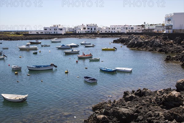 Harbour and white houses in the fishing village of Orzola, Lanzarote, Canary Islands, Spain, Europe