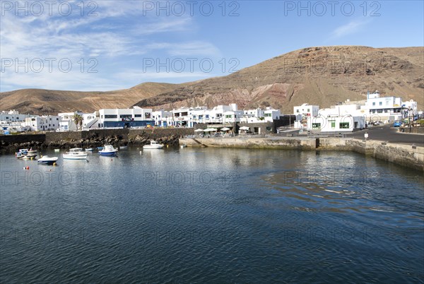 Harbour and white houses in the fishing village of Orzola, Lanzarote, Canary Islands, Spain, Europe