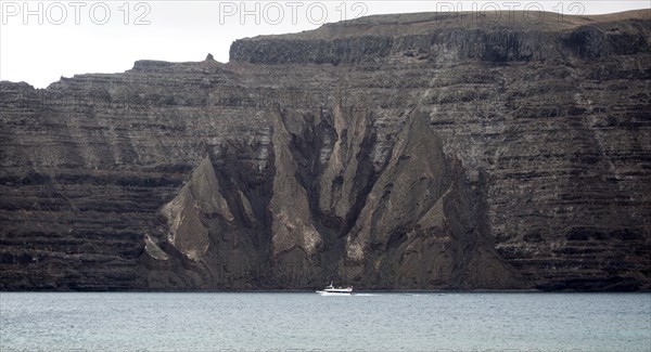 Steep gullied cliffs near Punta Fariones, Chinijo Archipelago, Orzola, Lanzarote, Canary Islands,