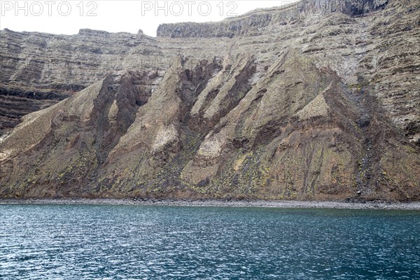 Steep gullied cliffs near Punta Fariones, Chinijo Archipelago, Orzola, Lanzarote, Canary Islands,