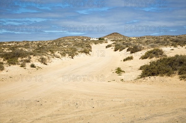 Inland sand dune landscape with unsealed sandy dirt roads La Isla Graciosa, Lanzarote, Canary