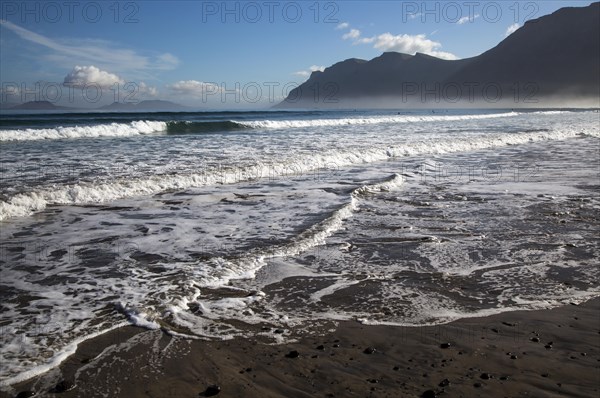 Atlantic Ocean coast beach and waves, Caleta de Famara, Lanzarote, Canary islands, Spain, Europe