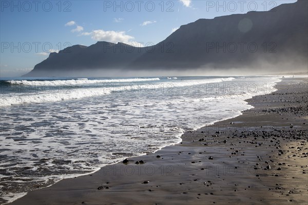 Atlantic Ocean coast beach and waves, Caleta de Famara, Lanzarote, Canary islands, Spain, Europe