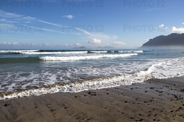 Atlantic Ocean coast beach and waves, Caleta de Famara, Lanzarote, Canary islands, Spain, Europe