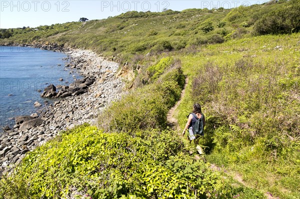 Woman walking south west coastal path, Lowland Point, the Lizard Peninsula, Cornwall, England, UK