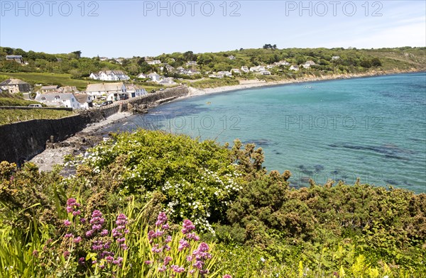 Coastal landscape bay and village houses, Coverack, Lizard Peninsula, Cornwall, England, UK