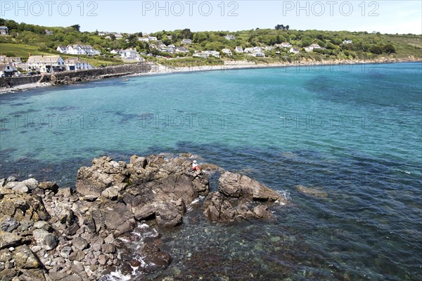 Coastal landscape bay and village houses, Coverack, Lizard Peninsula, Cornwall, England, UK