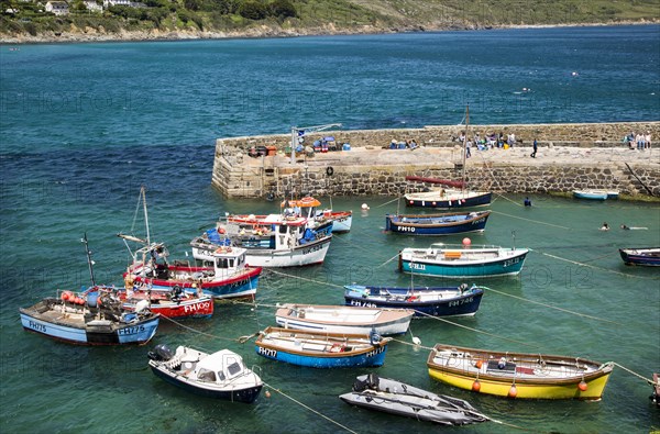 Fishing boats in the harbour at Coverack, Lizard Peninsula, Cornwall, England, UK