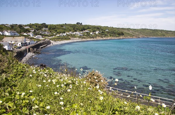 Coastal landscape bay and village houses, Coverack, Lizard Peninsula, Cornwall, England, UK
