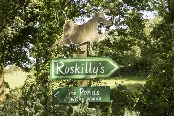 Signs at Roskilly's farm, near St Keverne, Lizard Peninsula, Cornwall, England, UK
