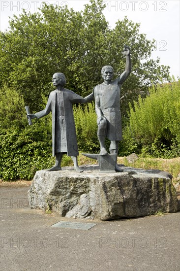 Statues commemorating peasant uprising of 1497, St Keverne, Lizard Peninsula, Cornwall, England, UK
