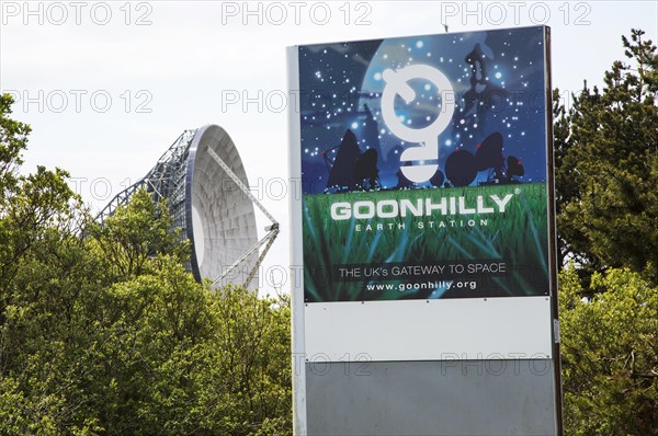 Goonhilly Earth station sign, Lizard peninsula, Cornwall, England, UK, with 'Arthur' the world's