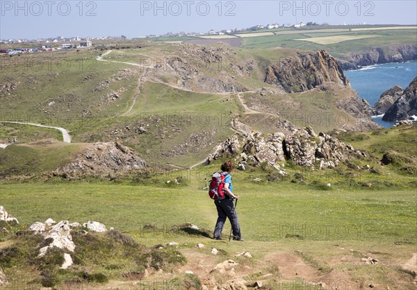 Woman walking near Kynance Cove, Lizard peninsula, Cornwall, England, UK