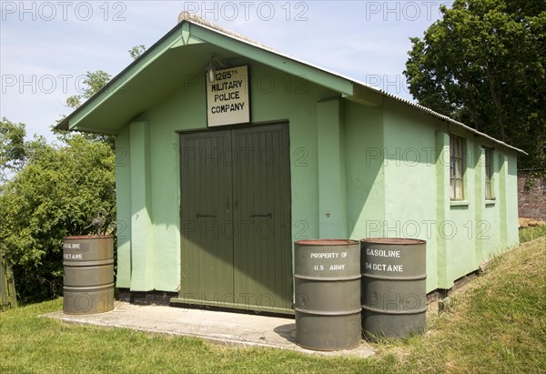 Military Police building and gasoline drums, USA Air Force 95th Bomb Squadron museum, Horham,