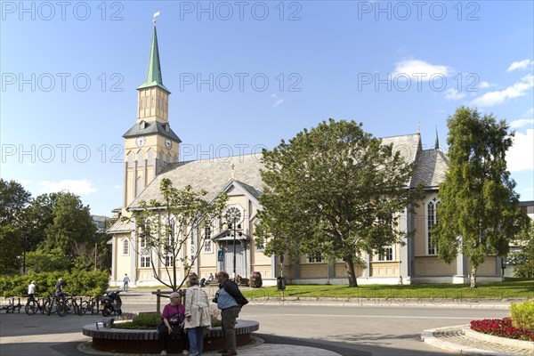 Historic wooden cathedral church in city centre, Tromso, Norway built in Gothic Revival