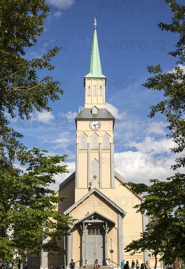Historic wooden cathedral church in city centre, Tromso, Norway built in Gothic Revival