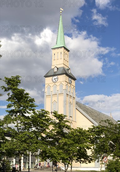 Historic wooden cathedral church in city centre, Tromso, Norway built in Gothic Revival