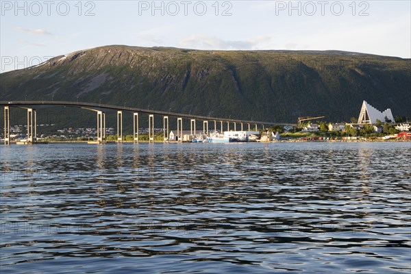 Tromso Bridge, cantilever road bridge and Arctic cathedral, city of Tromso, Norway, Europe
